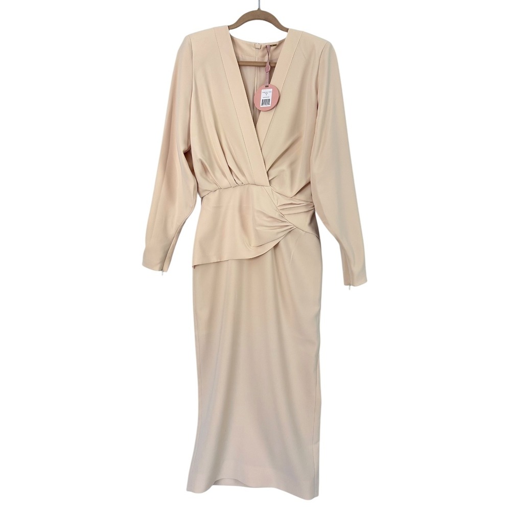 Alexis Fraser Wrap Midi Dress Ivory Belted Long Sleeve Cocktail NWT Womens M - Picture 2 of 13